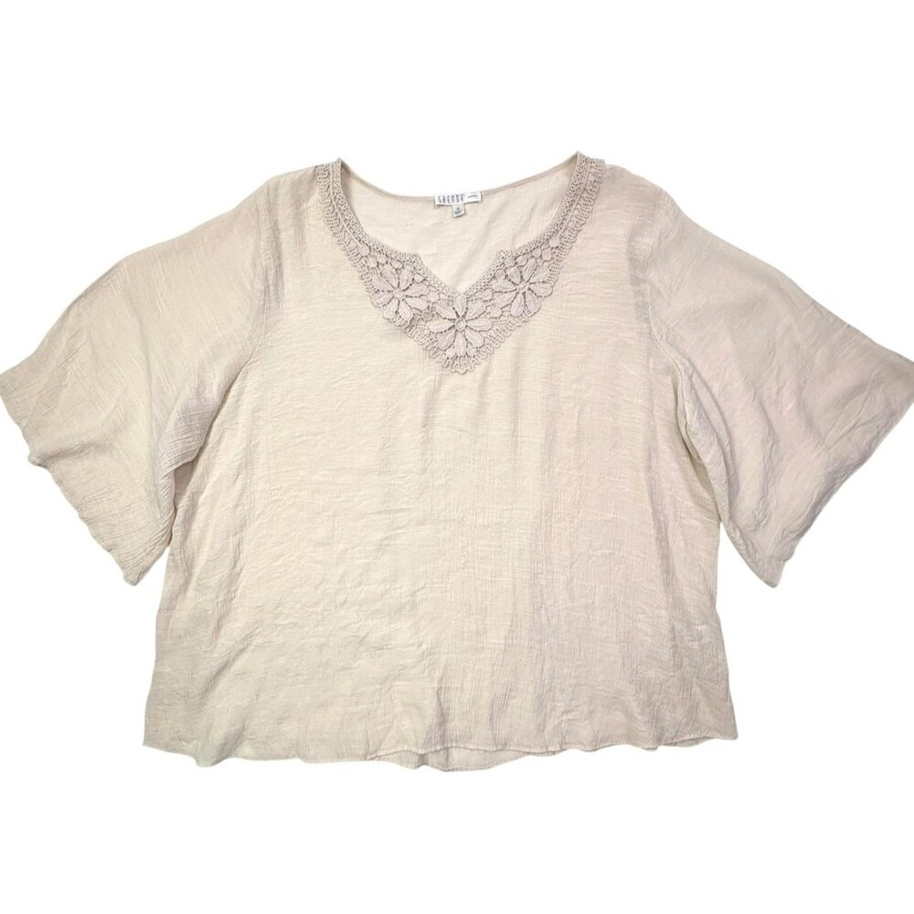 Boho Gauzy Textured Tunic Crochet V Neck Cream Top 2X Spense Woman